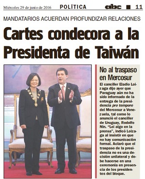 Taiwan's President decorated by President Horacio Cartes