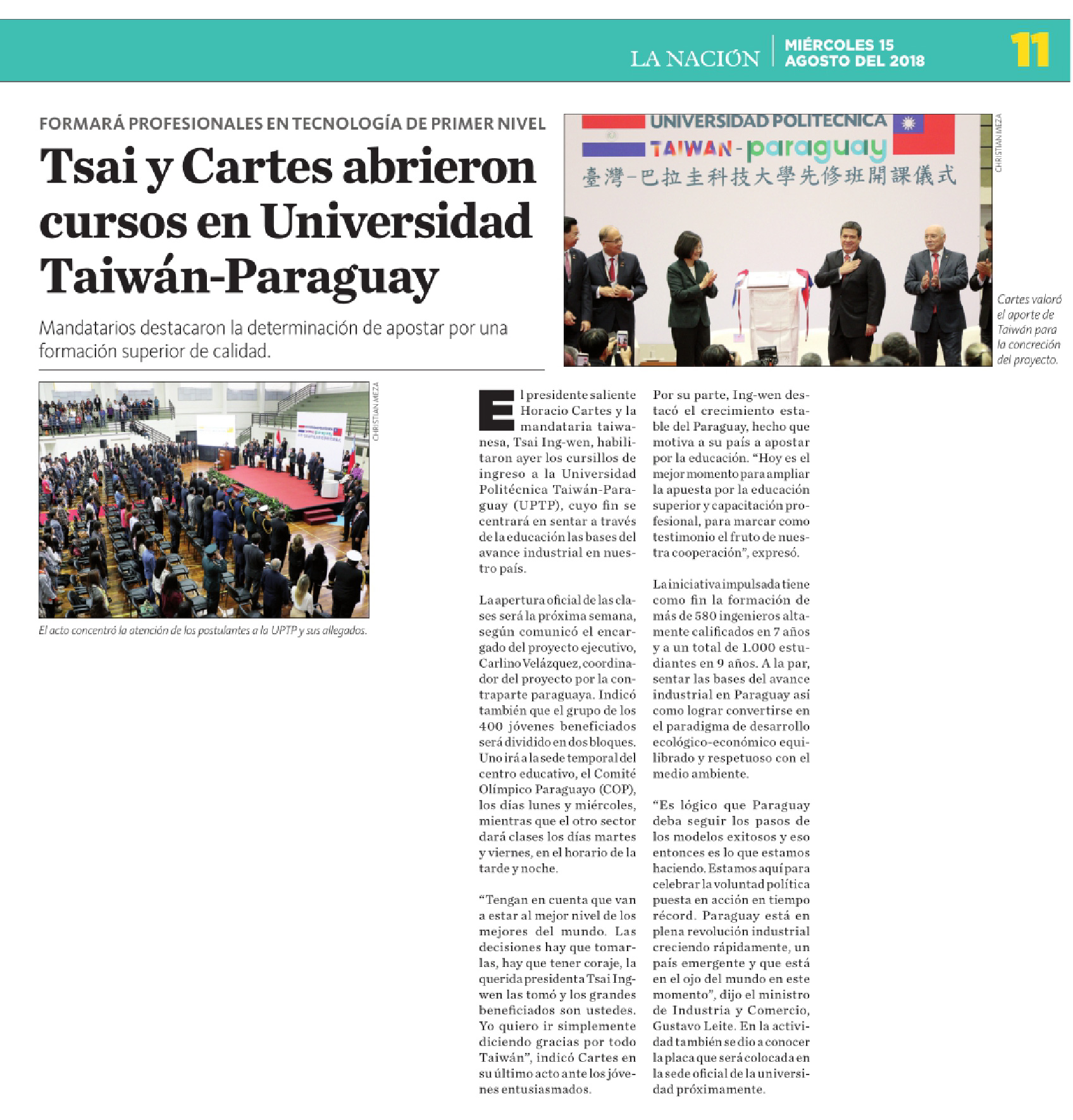 President Tsai, Cartes partake in Taiwan-Paraguay Polytechnic University launch