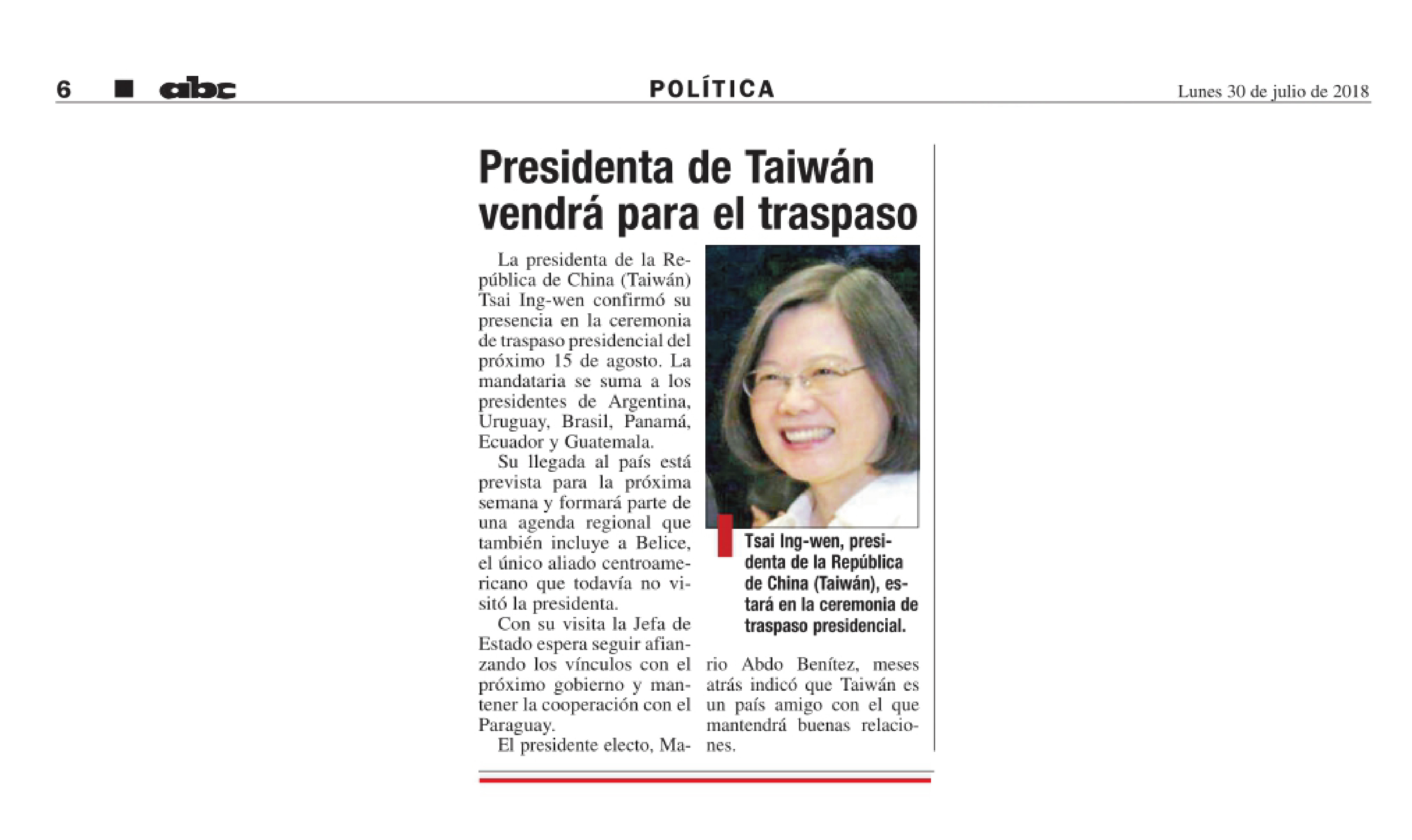 President of Taiwan to attend Paraguay presidential inauguration