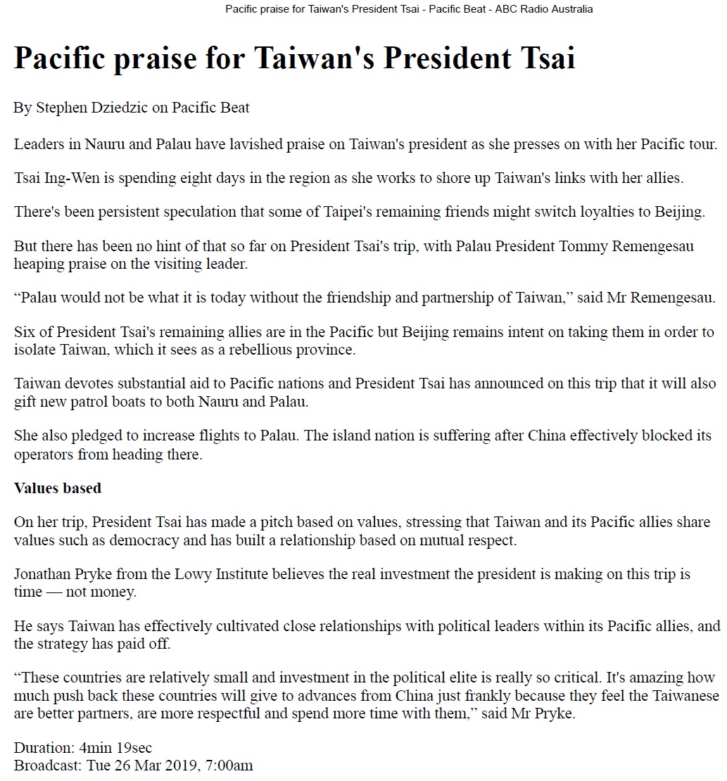 Pacific praise for Taiwan's President Tsai