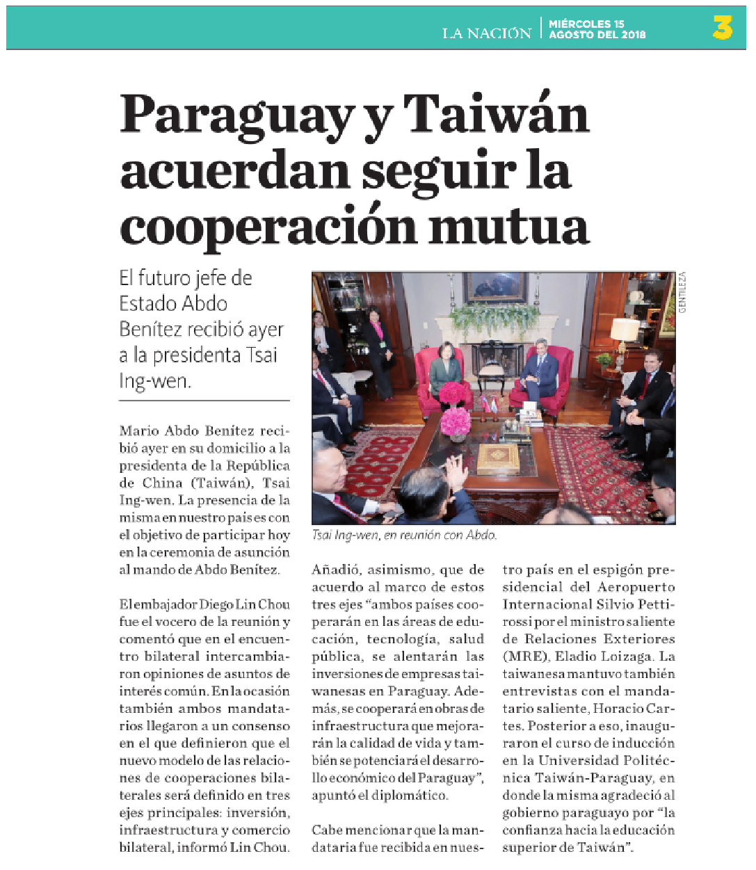 Taiwan, Paraguay to continue bilateral cooperation