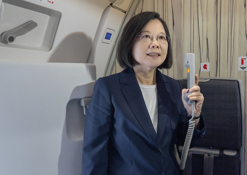 President Tsai Ing-wen delivers remarks aboard the aircraft en route to the Kingdom of Eswatini.