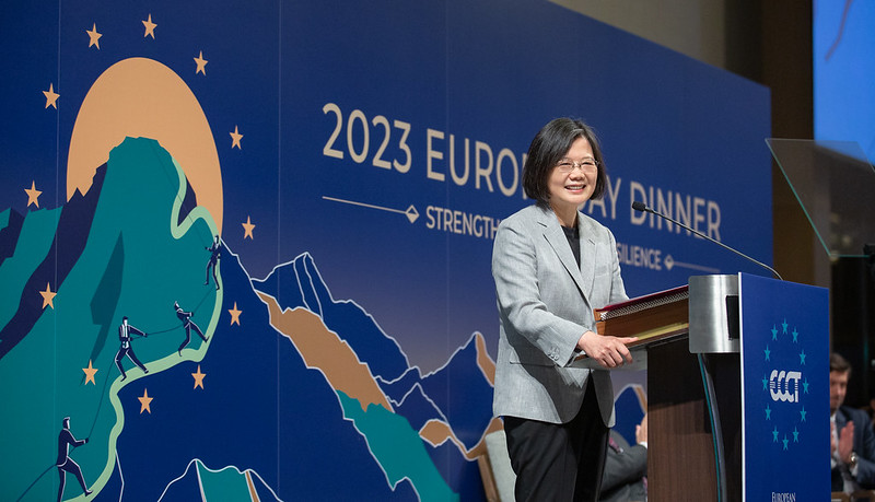 President Tsai addresses the 2023 Europe Day Dinner hosted by the European Chamber of Commerce Taiwan.