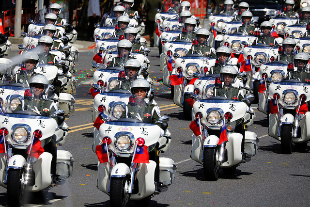 A motorcade of military police  on motorcycles leads the parade at the ROC's 106th Double Tenth National Day Celebration.