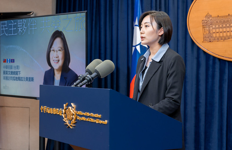 Presidential Office Spokesperson Olivia Lin (林聿禪) explains the purpose of this trip.