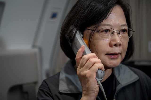 President Tsai delivers remarks over the aircraft's public address system.