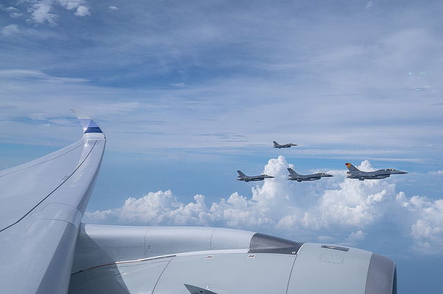 The F-16 fighter jets accompany President Tsai's chartered plane.