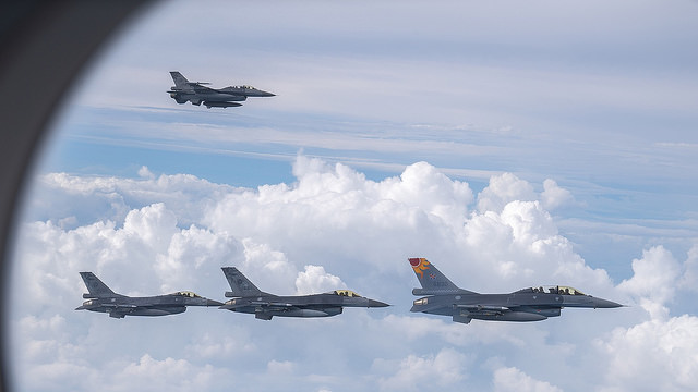 The F-16 fighter jets accompany President Tsai's chartered aircraft.