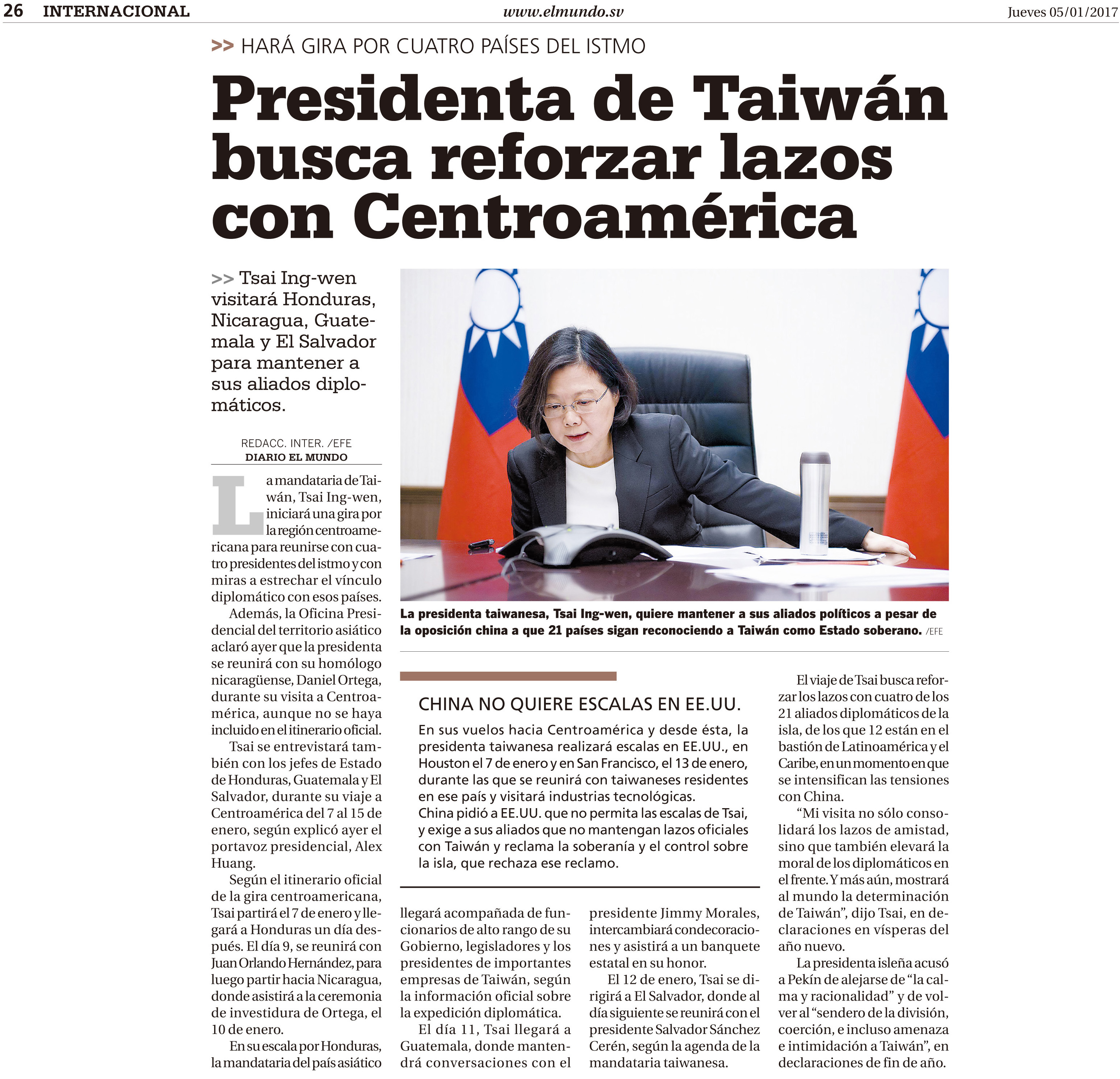 Presidenta de Taiwán busca reforzar lazos con Centroamérica