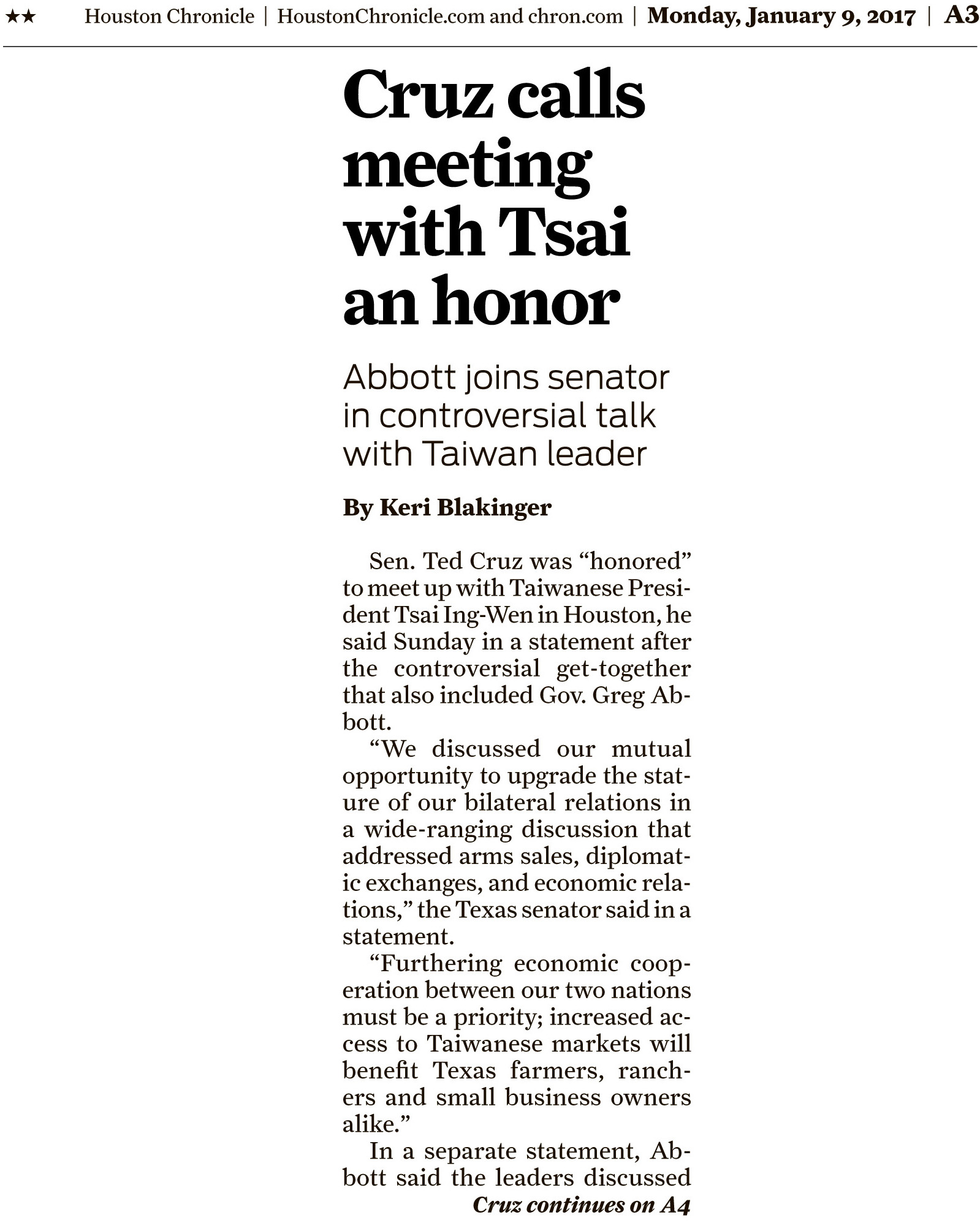 Cruz calls meeting with Tsai an honor, Abbott joins senator in controversial talk with Taiwan leader