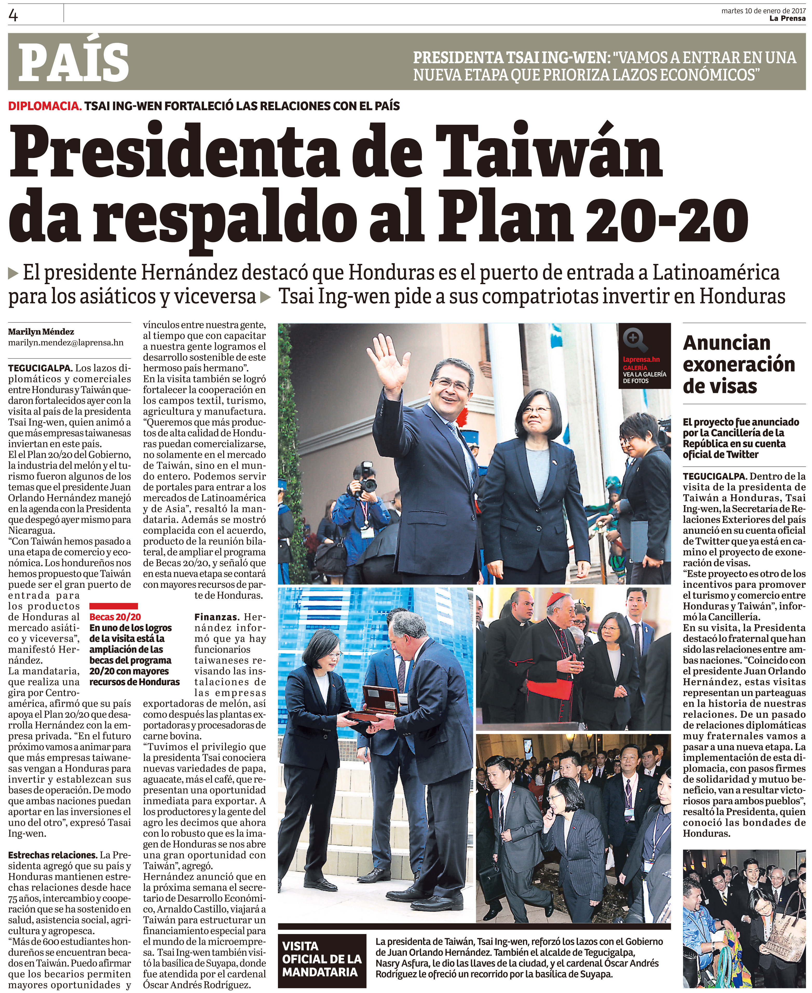 Presidente de Taiwán da respaldo al Plan 20-20