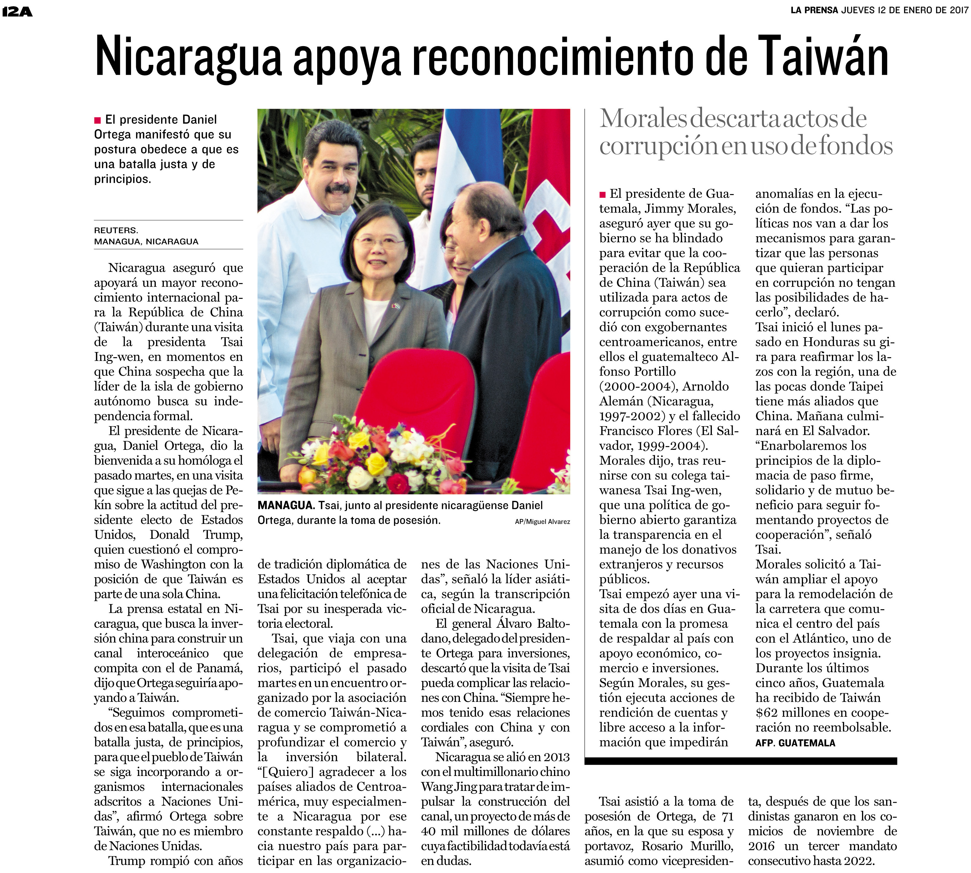 Nicaragua apoya reconocimiento de Taiwán