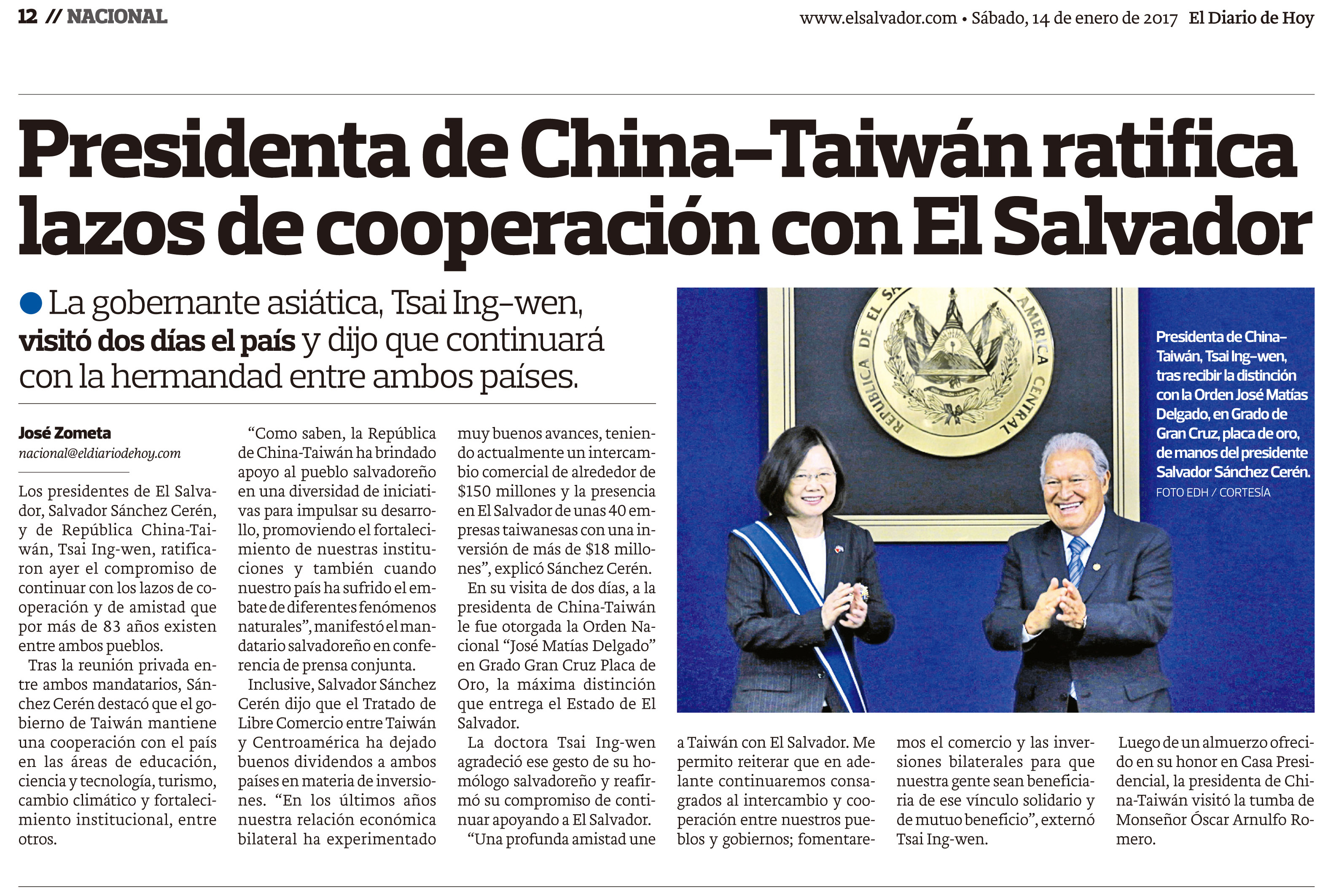 Presidenta de China-Taiwán ratifica lazos de cooperación con El Salvador